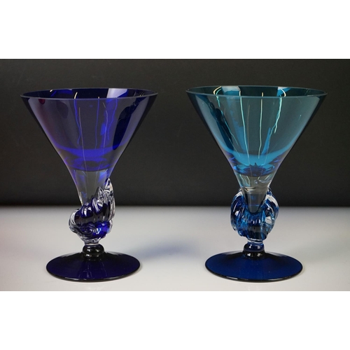 58 - Set of six coloured glass Margarita cocktail glasses with stems modelled as shells, approx 16cm high