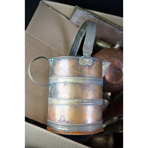 101 - Collection of mixed metal ware to include a brass coal scuttle with scoop and relief decoration to f... 