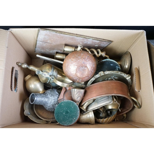 101 - Collection of mixed metal ware to include a brass coal scuttle with scoop and relief decoration to f... 