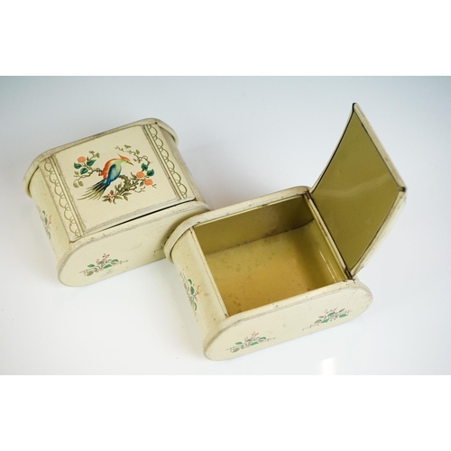 112 - A pair of Art Deco toleware cigarette boxes, each with hinged lid decorated with exotic birds, on a ... 