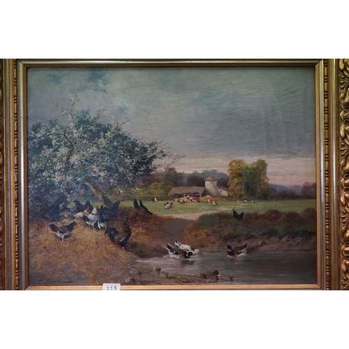 113 - Oil Painting on Canvas of Chickens and Ducks in a Landscape, indistinctly signed lower left Dufresne... 