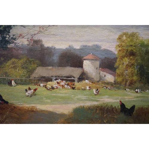 113 - Oil Painting on Canvas of Chickens and Ducks in a Landscape, indistinctly signed lower left Dufresne... 