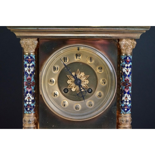 114 - Brass and Cloisonné enamel mantel clock with a French movement, Arabic numerals on a brass dial, a b... 