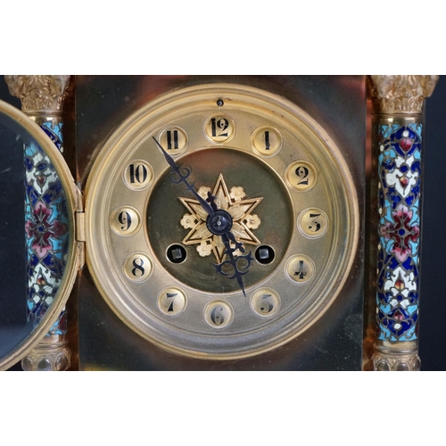 114 - Brass and Cloisonné enamel mantel clock with a French movement, Arabic numerals on a brass dial, a b... 