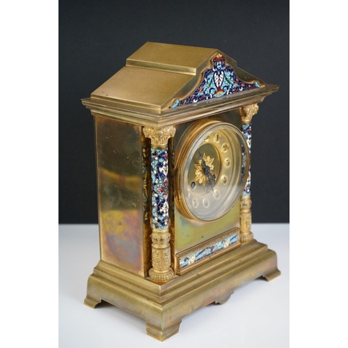 114 - Brass and Cloisonné enamel mantel clock with a French movement, Arabic numerals on a brass dial, a b... 