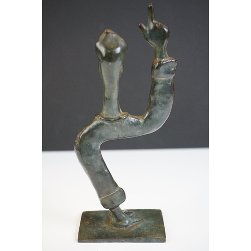 116 - Israeli bronzed metal sculpture of a stylised figure balancing on one hand, signed and dated 1989, 2... 