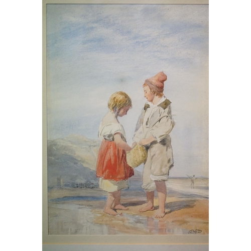 125 - Paul Falconer Poole R.A R.W.S (British 1807-1897) Watercolour of two figures barefoot on the beach h... 