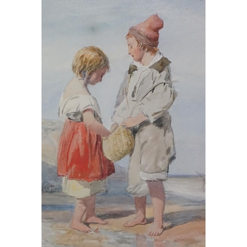 125 - Paul Falconer Poole R.A R.W.S (British 1807-1897) Watercolour of two figures barefoot on the beach h... 