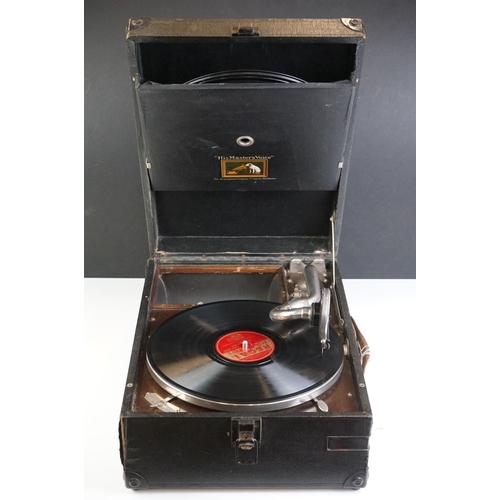 136 - HMV ' His Masters Voice ' Portable Gramophone no. 4, with 6 records, measures 29cm x 41cm when close... 