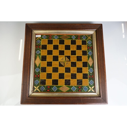 137 - A 19th century Folk Art painted glass chess board/draughts board, with naively decorated borders, in... 