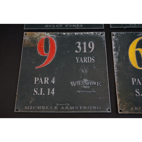 140 - Four ' Wiltshire Golf & Country Club ' cast metal golf-course hole signs, local interest, showing th... 