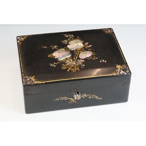 143 - 19th Century Jennens & Bettridge papier mache table-top rectangular box, with inlaid mother of pearl... 