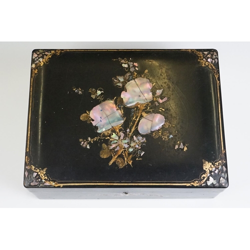 143 - 19th Century Jennens & Bettridge papier mache table-top rectangular box, with inlaid mother of pearl... 