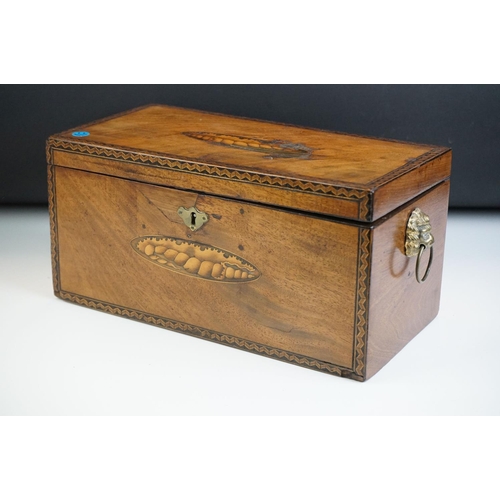 146 - 19th Century Mahogany tea caddy box with inlaid shell pattern decoration and Tunbridge style edging,... 