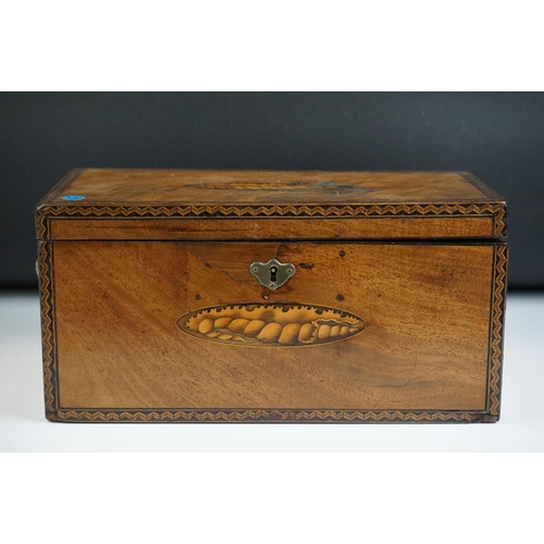 146 - 19th Century Mahogany tea caddy box with inlaid shell pattern decoration and Tunbridge style edging,... 