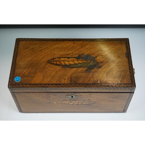 146 - 19th Century Mahogany tea caddy box with inlaid shell pattern decoration and Tunbridge style edging,... 