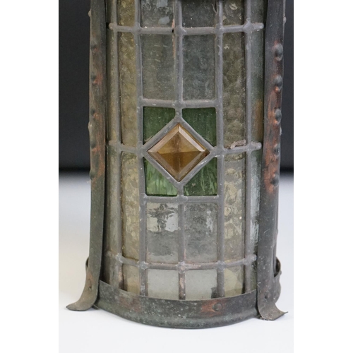 147 - 19th Century leaded glass and copper hanging lantern, with clear, green and yellow glass panels and ... 