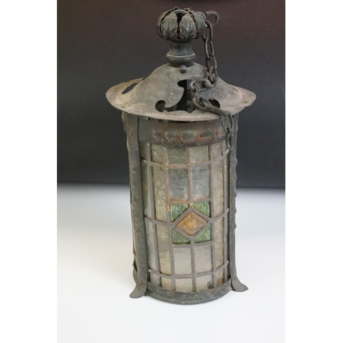 147 - 19th Century leaded glass and copper hanging lantern, with clear, green and yellow glass panels and ... 