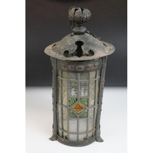 147 - 19th Century leaded glass and copper hanging lantern, with clear, green and yellow glass panels and ... 