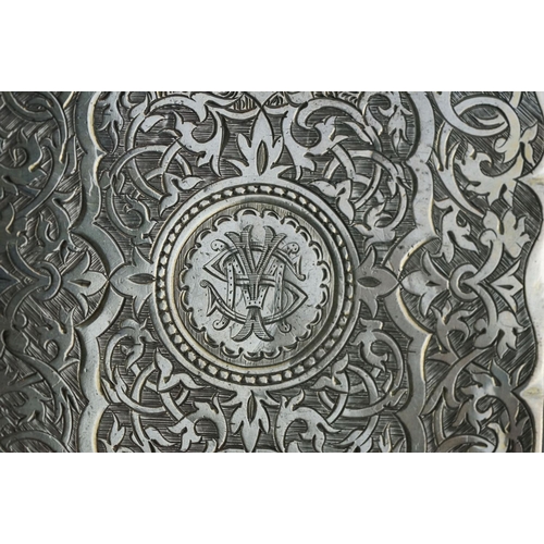 202 - Victorian silver rectangular card case, vacant circular cartouche to the front, monogrammed cartouch... 