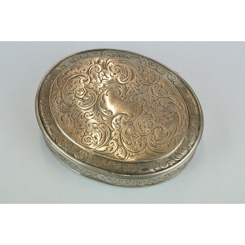 204 - Georgian silver tobacco tin, oval form, engraved floral and foliate decoration, vacant cartouche, gi... 