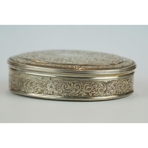 204 - Georgian silver tobacco tin, oval form, engraved floral and foliate decoration, vacant cartouche, gi... 