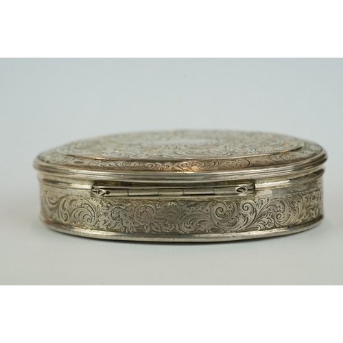 204 - Georgian silver tobacco tin, oval form, engraved floral and foliate decoration, vacant cartouche, gi... 