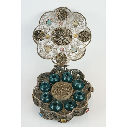 208 - Late 17th century French unmarked silver filigree scent container, the hinged lid opening to reveal ... 