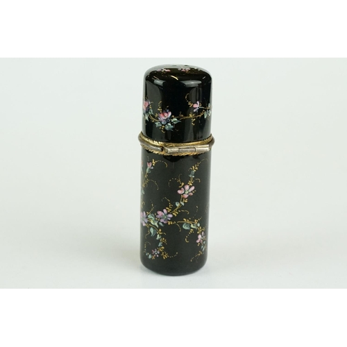 226 - 19th century black enamel scent bottle with hand painted cherub and scrolling floral decoration, gil... 