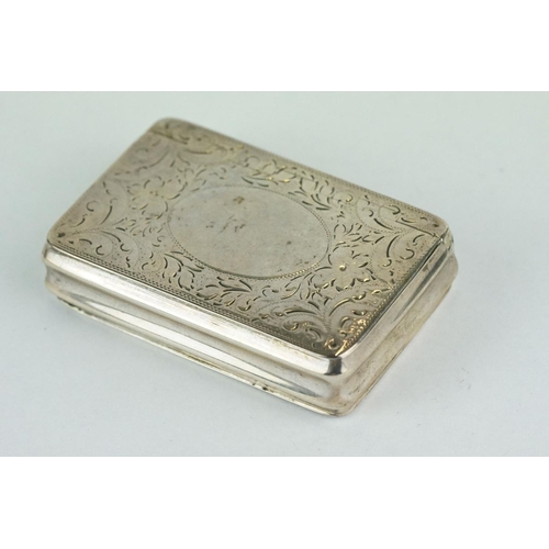 239 - George III silver snuff box, the hinged lid with vacant oval cartouche, engraved floral and foliate ... 