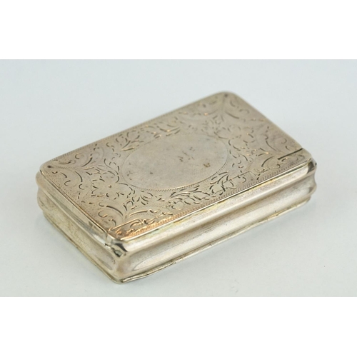 239 - George III silver snuff box, the hinged lid with vacant oval cartouche, engraved floral and foliate ... 