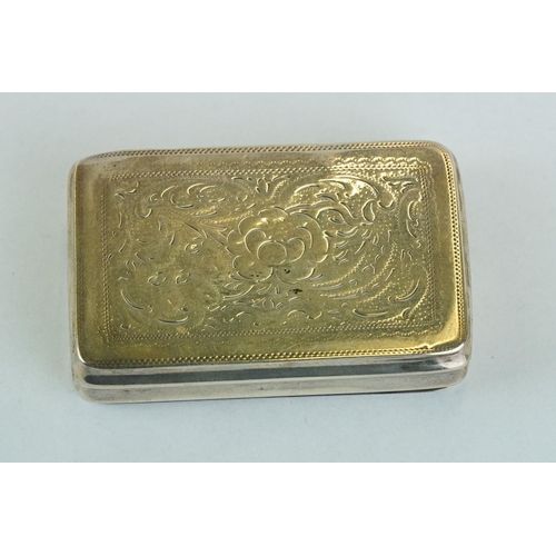 239 - George III silver snuff box, the hinged lid with vacant oval cartouche, engraved floral and foliate ... 