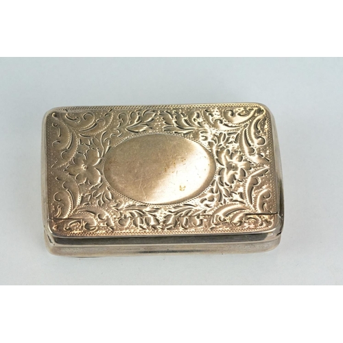 239 - George III silver snuff box, the hinged lid with vacant oval cartouche, engraved floral and foliate ... 