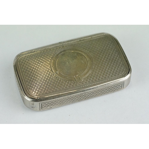 240 - Continental silver snuff box, gilt lined interior, vacant circular cartouche with engraved buckle de... 