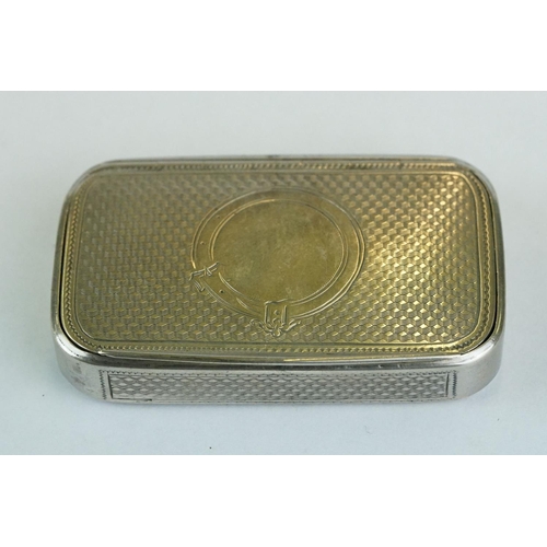 240 - Continental silver snuff box, gilt lined interior, vacant circular cartouche with engraved buckle de... 