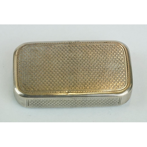 240 - Continental silver snuff box, gilt lined interior, vacant circular cartouche with engraved buckle de... 