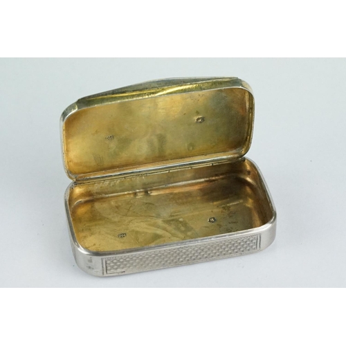 240 - Continental silver snuff box, gilt lined interior, vacant circular cartouche with engraved buckle de... 