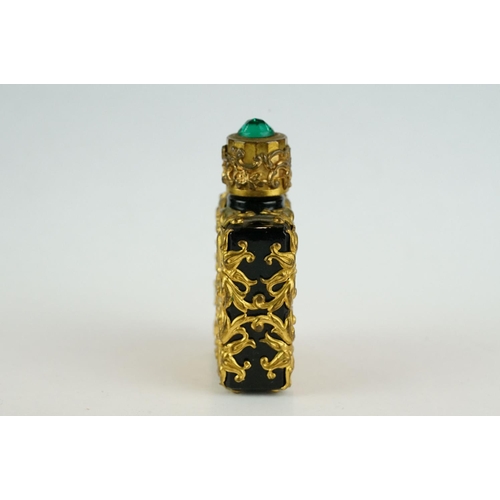 248 - Czechoslovakian scent bottle circa 1940s, gilt metal overlay to green glass body, green paste finial... 