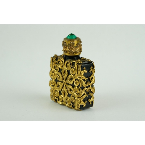 248 - Czechoslovakian scent bottle circa 1940s, gilt metal overlay to green glass body, green paste finial... 