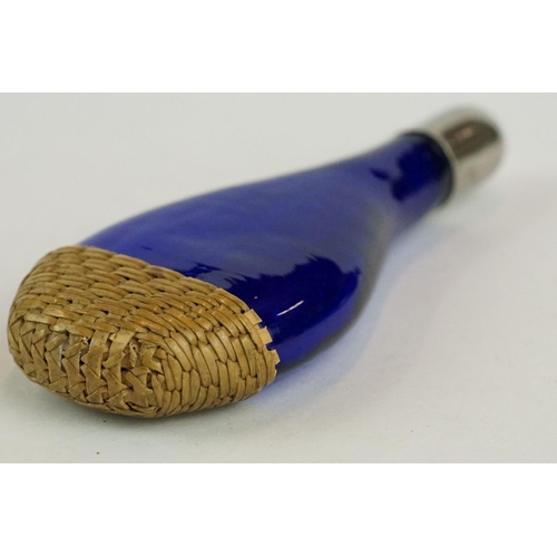 253 - Late 19th century Bristol blue glass scent bottle, basket weave collar to the base, white metal scre... 