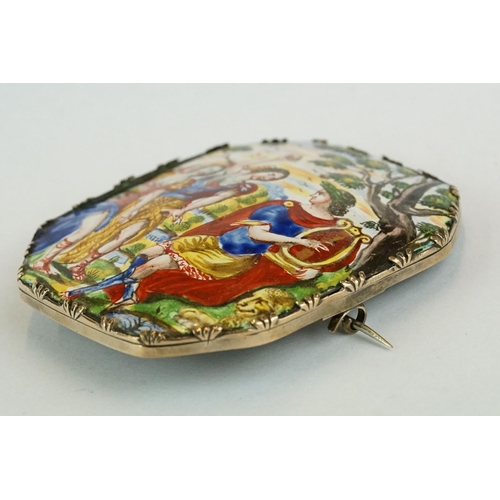 255 - Yellow metal brooch, the hand painted enamel plaque depicting Roman or Grecian scene; a lyre player ... 