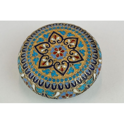 257 - Russian late 19th century enamelled cloisonne silver circular trinket box, stylised floral and folia... 