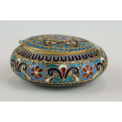 257 - Russian late 19th century enamelled cloisonne silver circular trinket box, stylised floral and folia... 