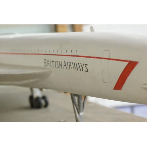 88 - British Airways Concorde - large scratch built painted wooden model, resting on its wheels, approx 1... 