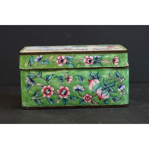 166 - A Chinese enamel box, the rectangular lid with figures beside a tree, 10.5cm