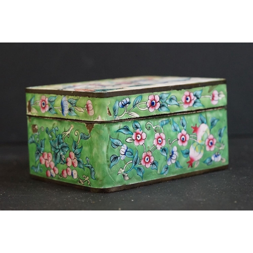 166 - A Chinese enamel box, the rectangular lid with figures beside a tree, 10.5cm