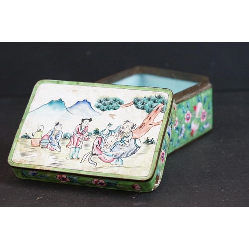 166 - A Chinese enamel box, the rectangular lid with figures beside a tree, 10.5cm