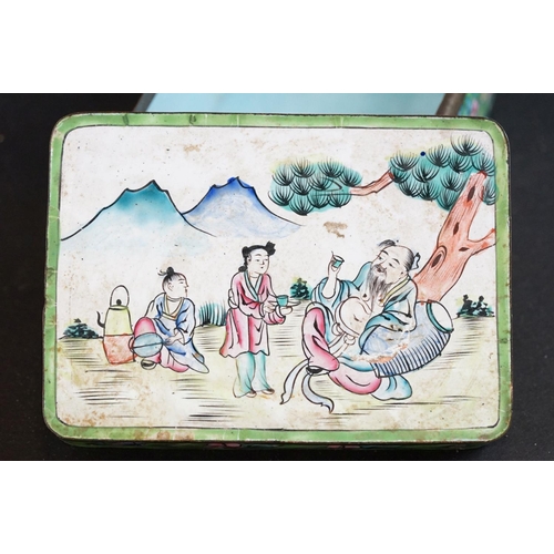 166 - A Chinese enamel box, the rectangular lid with figures beside a tree, 10.5cm