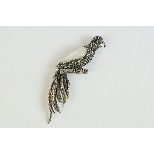 175 - A large silver, marcasite and moonstone pendant-brooch in the form of a parrot