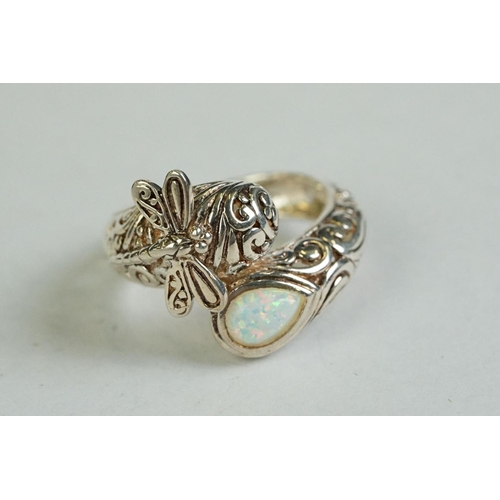 176 - A silver dragonfly ring with opal panel